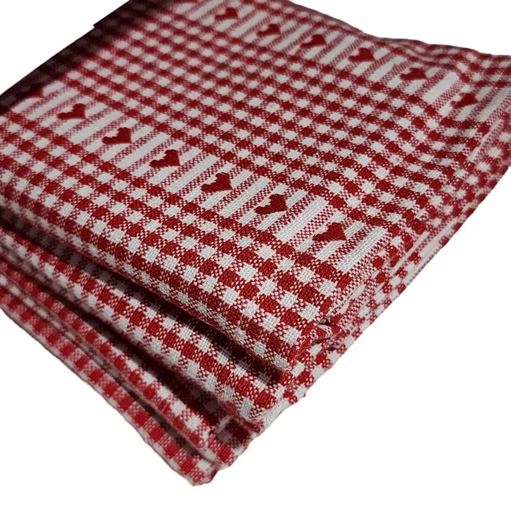 Rachel Ashwell 6pc Red‎ and White Checkered Napkin Set Embroidered Hearts NEW